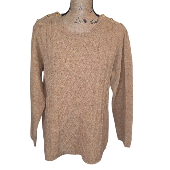 Appleseed's 100% Wool Women's Cable Knit Sweater Classic Herringbone Tan Sz Larg
